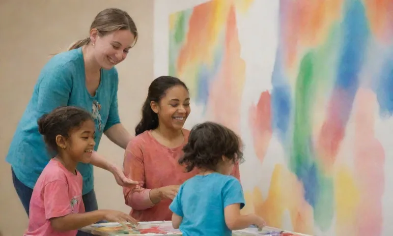 El voluntariado: una forma de cambiar tu vida y tu comunidad 4 Una persona de diversos orígenes sonríe mientras ayuda a otros a pintar un mural, rodeado de niños, mientras que un mentor voluntario está cerca ofreciendo orientación.