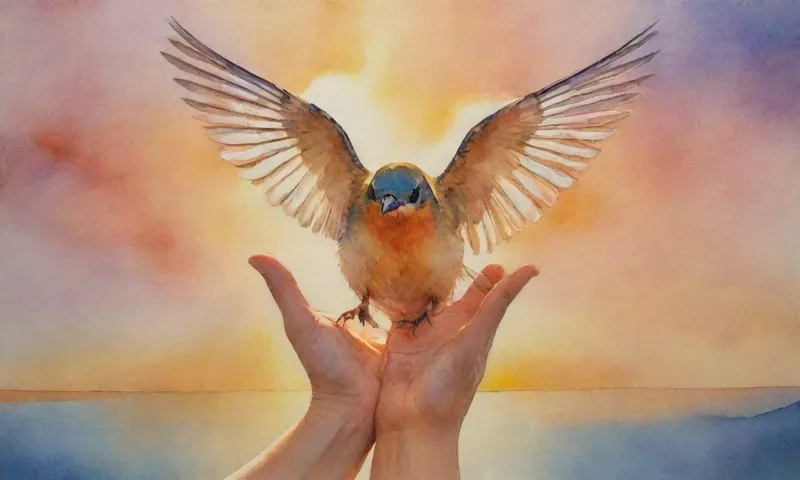 Un par de manos sosteniendo a un pequeño pájaro encaramado en sus dedos, sus alas suavemente sobresalientes hacia el cielo mientras los rayos de luz dorada brillan detrás de ellos.