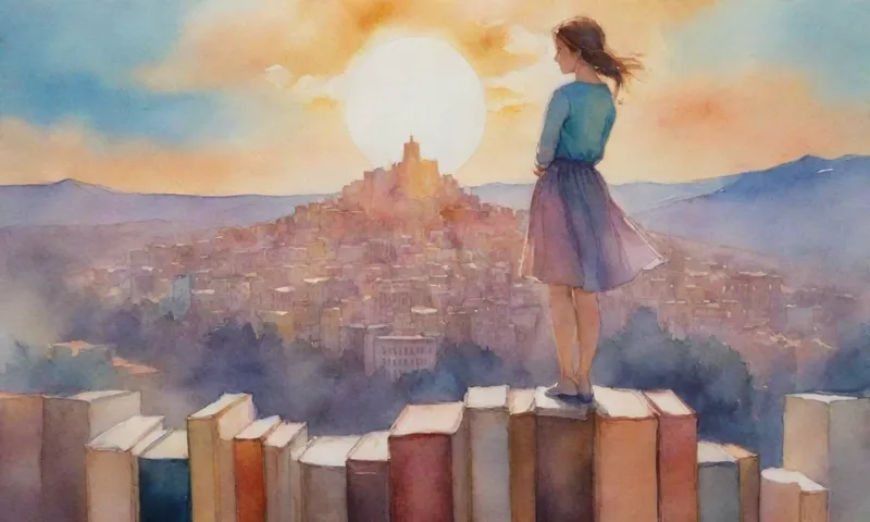 Cómo seleccionar historias de éxito que realmente inspiran 7 Una joven se encuentra en la cima de una montaña de libros, mirando a un paisaje urbano iluminado por el sol a la distancia, las manos atormentadas detrás de su espalda.