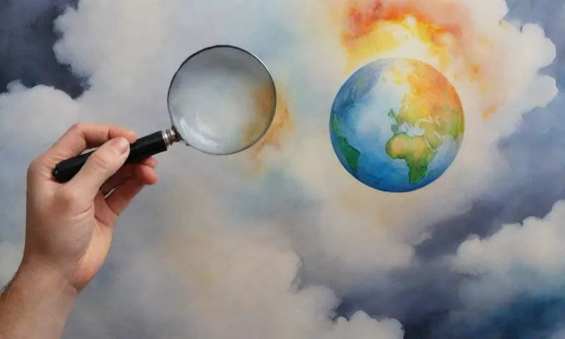 Una mano que sostiene una lupa examina un globo bajo un farol, mientras que las nubes de humo simbolizan el pensamiento crítico girando alrededor de ellos.