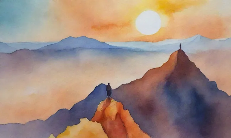 Un viajero solitario se encuentra en la cima de un imponente pico de montaña con vistas a un horizonte espeluznante y bañado por el sol.