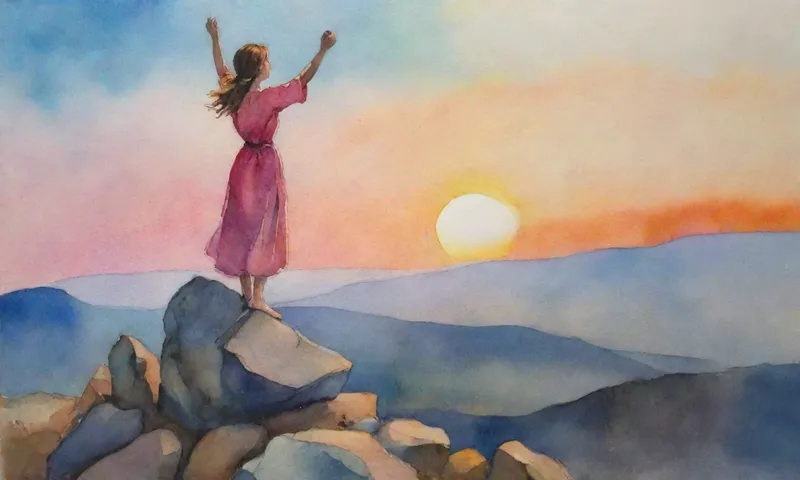 El cambio constante y sus oportunidades en la vida cotidiana 6 Una mujer se encuentra en la cima de una colina de escalada lentamente de rocas, agarrando algo pequeño como una piedra, mientras se llega a un amanecer distante.
