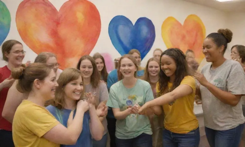 El voluntariado: una forma de cambiar tu vida y tu comunidad 7 Una persona joven sonríe brillantemente, las manos apretadas sobre su corazón, mientras que rodeada de voluntarios sonrientes trabajando juntos en colaboración para pintar una pared del centro comunitario, con una variedad de personas diversas que buscan igualmente comprometidos.