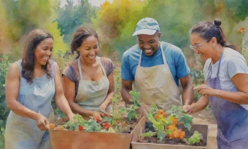 [Imágen de personas diversas colaborando en un proyecto de jardinería comunitaria, sonríe en todos los rostros.]