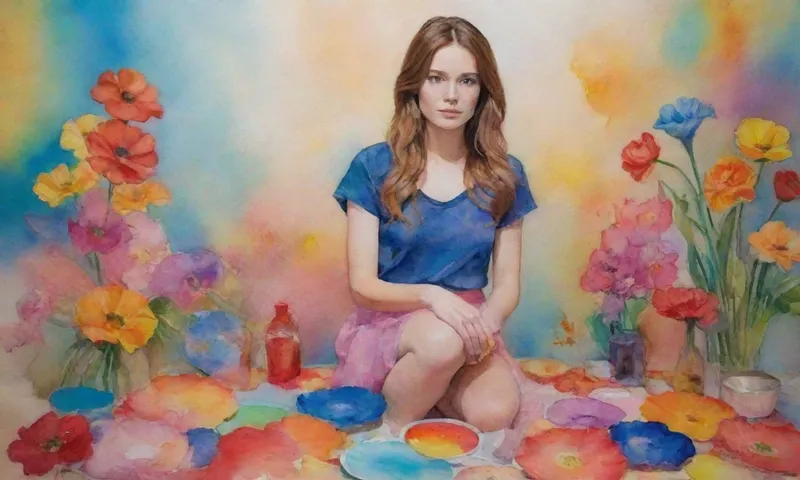 Una joven se encuentra con confianza en medio de objetos desechados dispersos, usando una paleta de artistas vibrantes como su ropa, rodeada de flores florecientes - simbólica de innovación en ciernes.