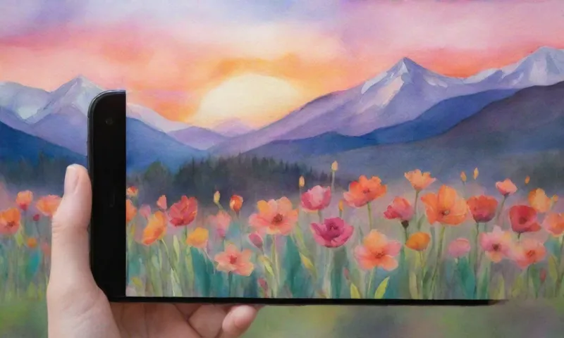 El cambio constante y sus oportunidades en la vida cotidiana 3 Una mano borrosa sostiene una pantalla de teléfono inteligente que muestra una escena caótica de la vida moderna superpuesta con imágenes de la naturaleza: floreciendo flores y una tranquila puesta de sol en la cima de la montaña.