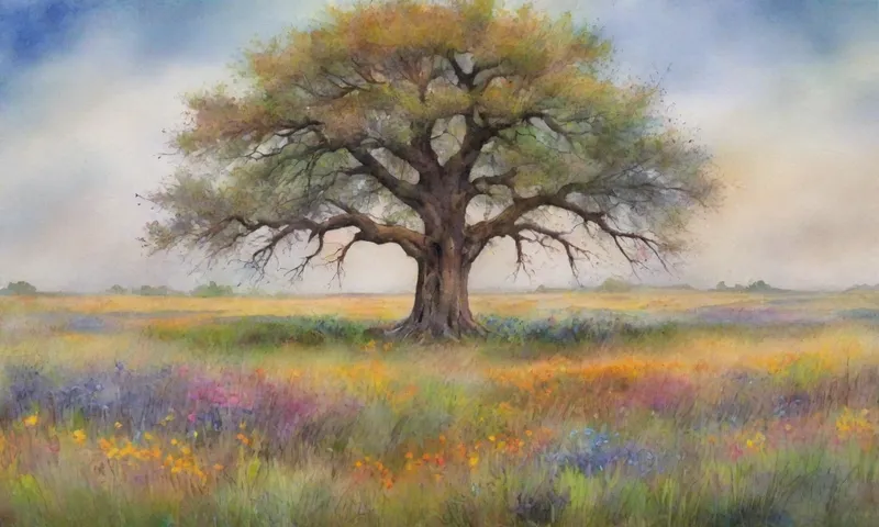 Un árbol de roble climatizado se encuentra en medio de un próspero prado de flores silvestres, raíces profundamente arraigadas en la tierra, deja tiemblar suavemente como un viento feroz que recorre.